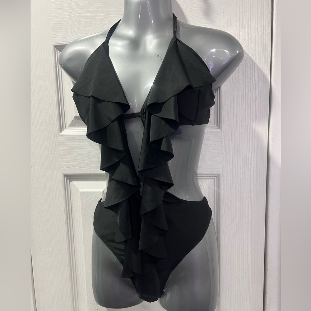 Black Ruffled Halter Swimsuit - Picture 2 of 7